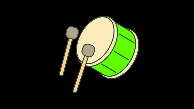Seamless looping animation of a green bedug drum being beaten; traditional percussion for Eid and Ramadan festivals on a transparent alpha channel background in 4k horizontal resolution