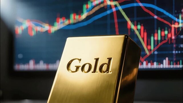 Close-up of a shining 3D-rendered gold bar against a blurred financial stock market candlestick chart background. Cinematic, High-contrast, Professional Financial Concept.