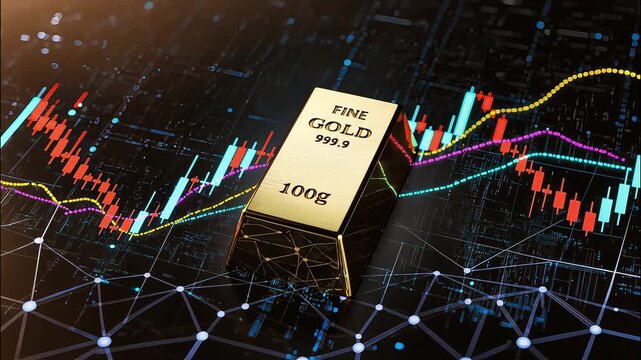 Zoom up Gold bar on digital stock market candlestick chart with futuristic high-tech chart data background. representing the intersection of physical assets and digital wealth.