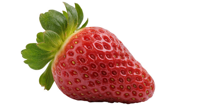 Ripe juicy red strawberry with tiny yellow seeds and vibrant green leaves, isolated on transparent background for healthy food designs