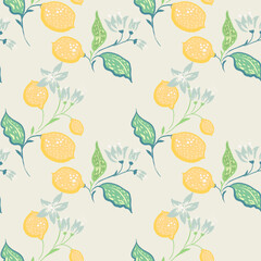 Seamless lemon pattern with hand drawn citrus fruits, leaves and delicate blossoms on a light neutral background. Fresh, soft and versatile design for textiles, packaging and decor © incarnadine