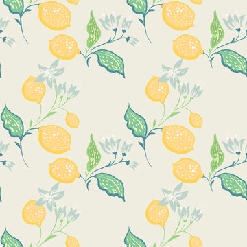 Seamless lemon pattern with hand drawn citrus fruits, leaves and delicate blossoms on a light neutral background. Fresh, soft and versatile design for textiles, packaging and decor