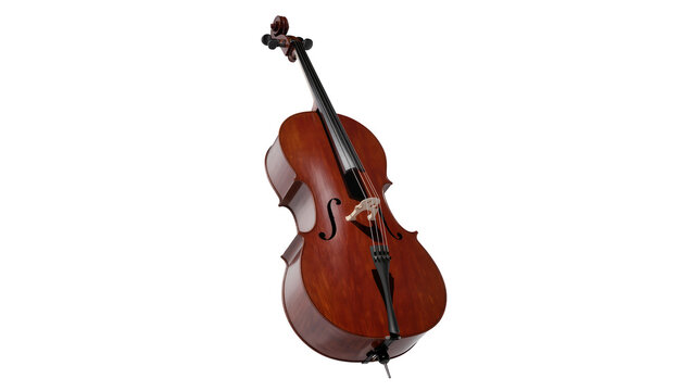 Vintage brown wooden cello with four strings elegant scroll head and dark ebony fingerboard, isolated on transparent background for musical designs