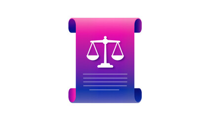 Fototapeta premium Gradient purple scroll with ornate silver scales of justice emblem, isolated on transparent background for legal documents and justice themes