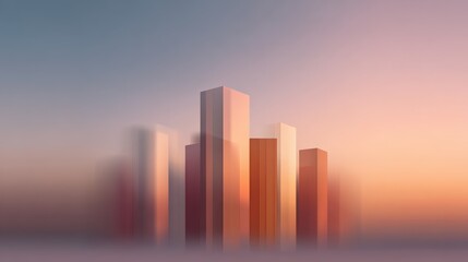 Fototapeta premium Abstract cityscape depicting geometric rectangular blocks forming a minimalist urban skyline, transitioning from cool blue to warm orange and pink pastel colors, creating a soothing background