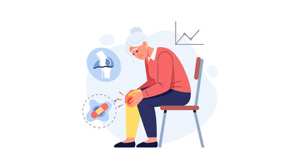 Fototapeta premium Elderly woman with knee pain, joint inflammation, and bandage on chair