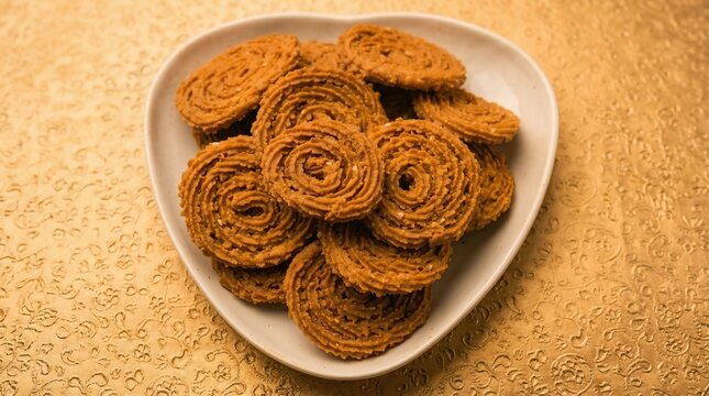 Crispy Indian Chakli Murukku in Heart-Shaped Bowl &ndash; Traditional Festive Snack Food Photography