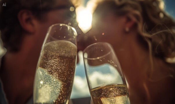 Couple kiss with champagne glasses 