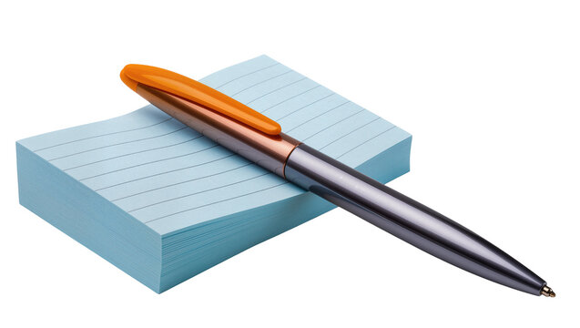 Shiny metallic bronze pen resting across a stack of light blue lined sticky notes, isolated on transparent background for stationery designs