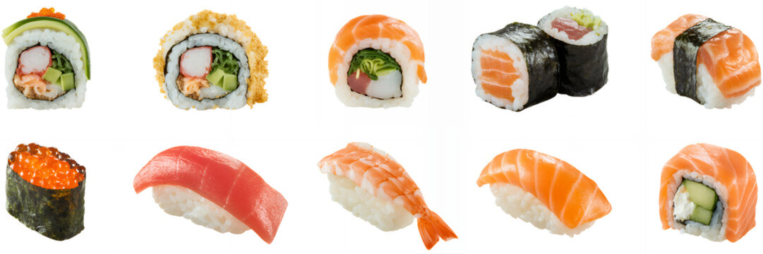 Sushi pieces arranged in two rows on white background
