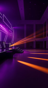 Modern stage with vibrant purple and orange lights creating an atmospheric concert or event ambiance