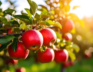Obraz premium Close-up shows red apples hanging from branches, bathed in golden sunlight filtering through green leaves. The orchard scene is a healthy, vibrant glow