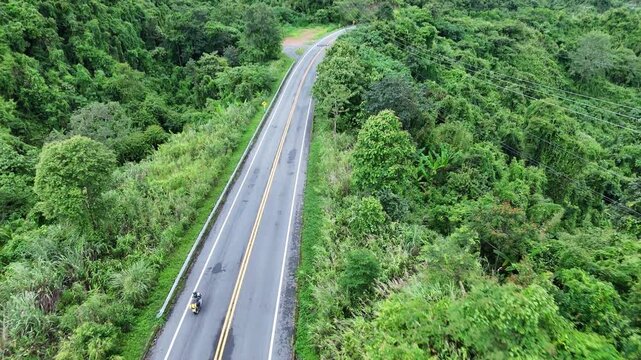 Aerial View of Winding Road Through Lush Green Forest with Motorcyclist Riding Along, Embracing Nature and Adventure Travel