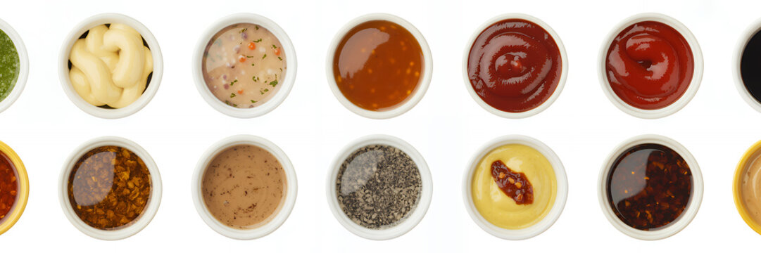 Various sauces and dips in small bowls condiments white background