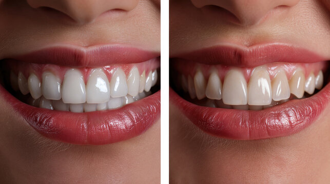 Perfect smile before and after bleaching procedure whitening of zircon arch ceramic prothesis Implants crowns. Dental restoration treatment clinic patient. Result of oral surgery dentistry,