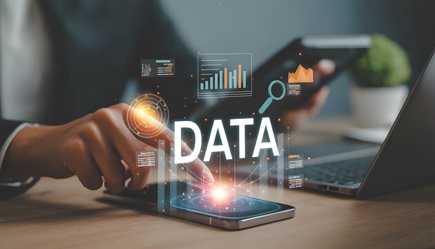 Hands interacting with smartphones displaying data analytics and mobile visualization graphs  reporting automation visualizations representing modern technology