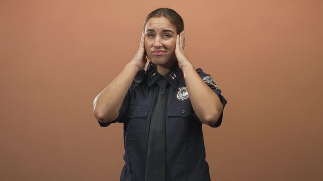 Woman police officer pressing hands to temples, palms visible, wearing uniform with badge and radio microphone against a brown studio backdrop; frustration.