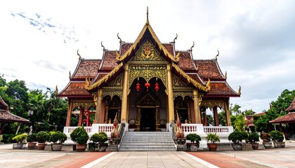 Fototapeta premium A grand, ornate temple with a tiered roof and gold embellishments, captured under a cloudy sky in a wide shot