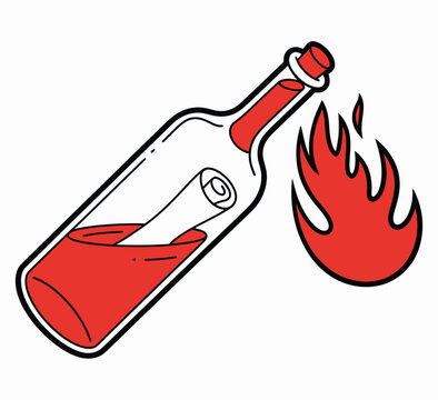 Burning  cocktail, hand drawn vector illustration of incendiary weapon, black and white doodle style for military