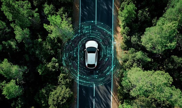 Aerial view of white autonomous car on asphalt road surrounded by lush green forest trees with digital overlay.