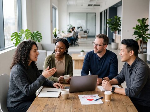 A medium close-up shot of a diverse group engaged in a discussion about blood donation in a modern office. The focus is on their authentic interaction, highlighting community engagement and support