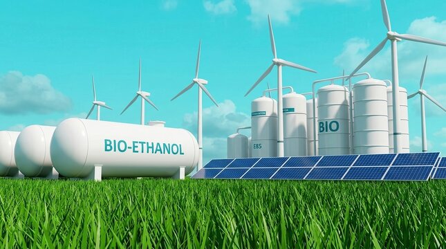 Bio-ethanol, renewable energy, wind turbine, solar panel, biofuel, green energy, sustainability facility with storage tanks and solar arrays for eco-friendly power production.