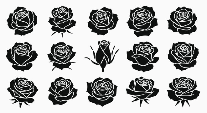 Collection of black rose silhouettes with white outlines on white background