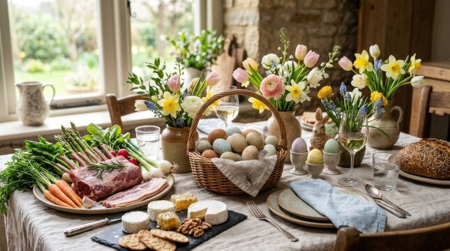 easter table setting with flowers