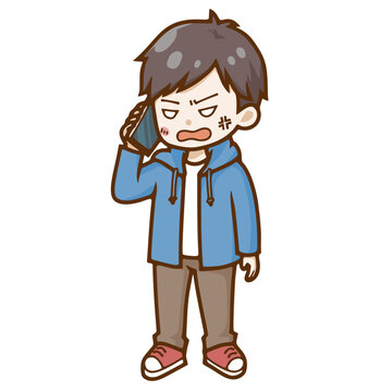 電話で怒鳴るデフォルメ男性・クレームのベクターイラスト／Angry man shouting on smartphone &ndash; cute deformed character vector illustration