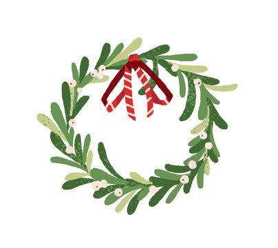 Christmas mistletoe door wreath with red ribbon bow. Holly or holy berry for winter holiday decorations. Traditional Xmas ornament. Flat isolated hand drawn vector illustration on white background