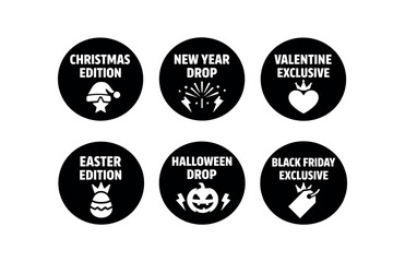 Fototapeta premium Holiday and seasonal badges icon set. christmas edition, new year drop, valentine exclusive, easter edition, halloween drop, black friday exclusive, promotional stickers. 