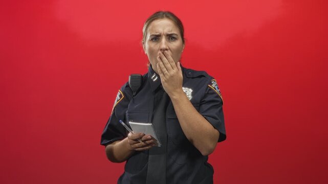 Woman police officer holding notepad and pen, hand covering mouth in studio against red backdrop; surprise duty.