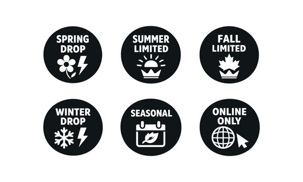Seasonal round badge icon set. spring, summer, fall, winter, seasonal, online only, limited offers. line, flat and colored vector icon set.