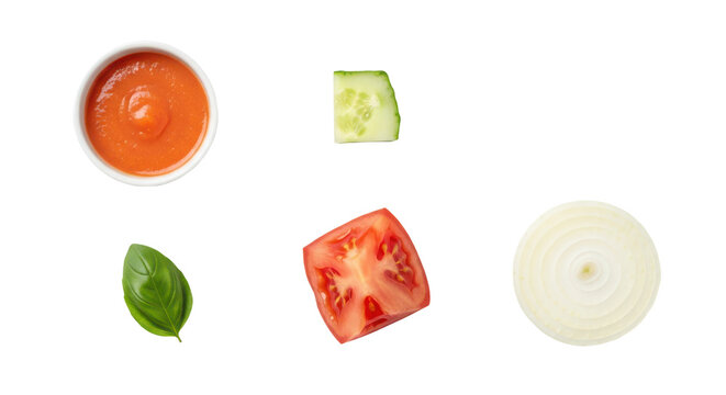 Fresh vegetables and gazpacho ingredients top view isolated on transparent background