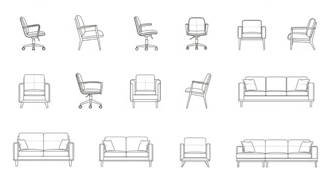 Furniture Section CAD Drawings Vector Modern Seating Tables Interior Design Technical Set