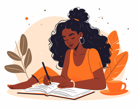 Young Black woman writing in a journal with a cup of coffee nearby