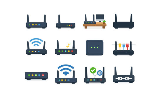 Collection of modern wireless and wired network router icons with various features