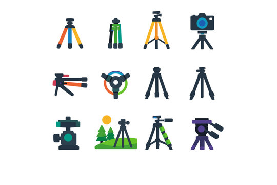 Collection of diverse camera tripods and support equipment icons