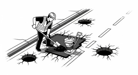 Construction worker repairing road with shovel and compactor. © Kangmas