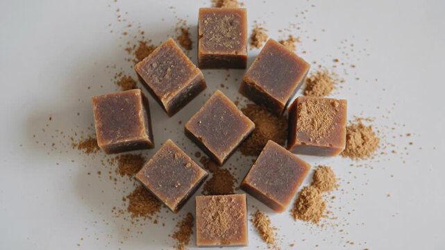 Organic Brown Jaggery Cubes on White Background Overhead View