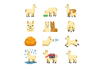 Fototapeta premium Collection of cute cartoon llamas in various poses and activities