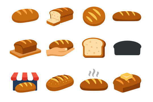 Collection of various bread types and bakery icons in a flat design style
