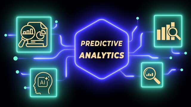 Predictive analytics concept on the black background. Data analysis, machine learning, artificial intelligence (AI) and statistical model.  Motion graphics of predictions future outcomes idea.