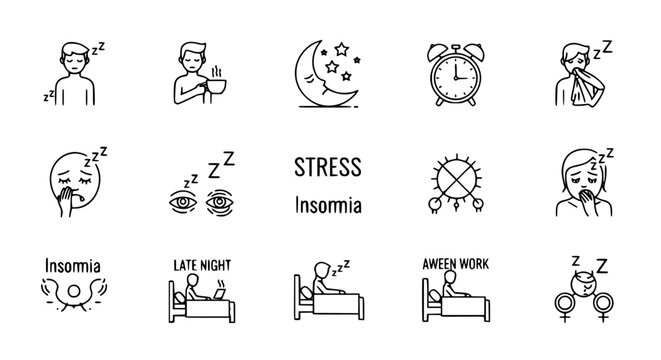 Minimal insomnia outline icon set with sleepless man, coffee, stress, and sleep disorder symbols