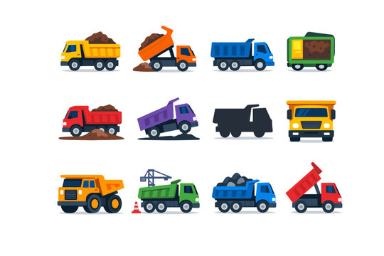 Collection of colorful dump trucks carrying various materials like dirt and rocks