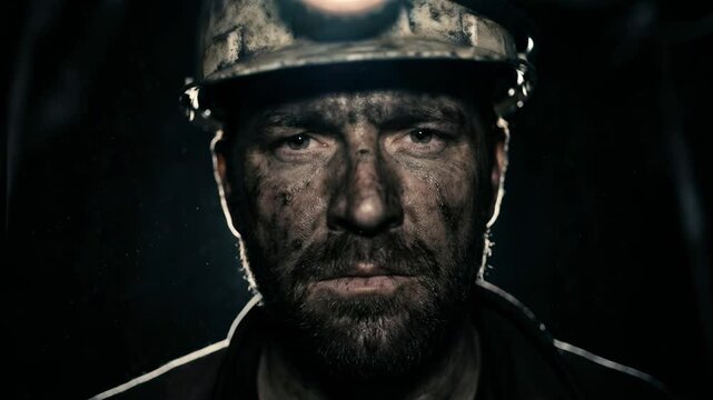 Close-up portrait of a coal miner with dirty face and glowing headlamp. Male underground worker in hard hat looking at camera in the dark. Industrial labor and heavy industry concept