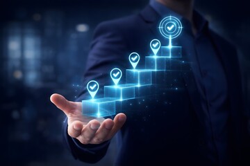 Fototapeta premium Executive Presenting Progress Blocks and Target Markers for Business Roadmap Execution
