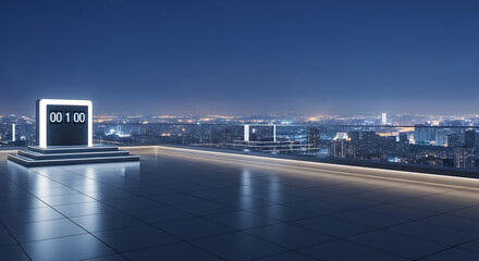 Obraz premium Modern rooftop terrace overlooking a city skyline at night with a digital clock displaying 00:01:00