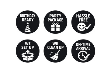 Fototapeta premium Party service badges icon set. birthday ready, party package, hassle free, we set up, we clean up, on-time arrival, event support, delivery and setup. line, flat and colored vector icon set.
