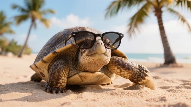 A funny turtle in sunglasses walks along a tropical beach, in a vacation and summer style.
